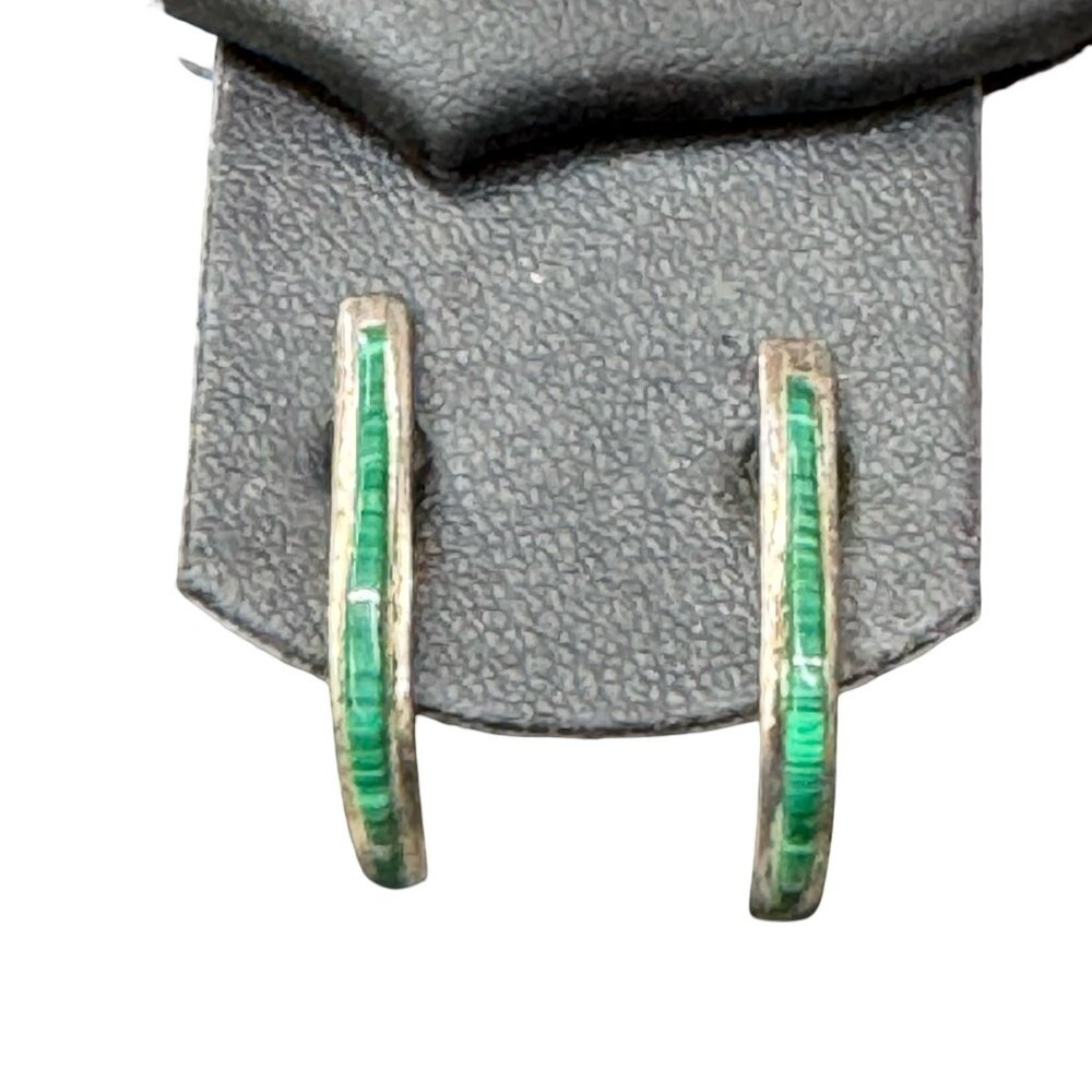 14K White Gold & Malachite Inlay Half Hoop Earrings Women Lightweight Elegant 1"
